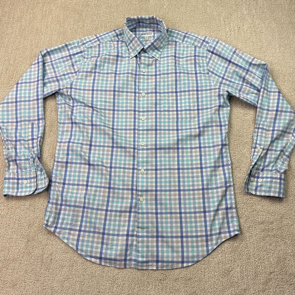 peter millar shirt mens medium Blue Check Long Sleeve*
